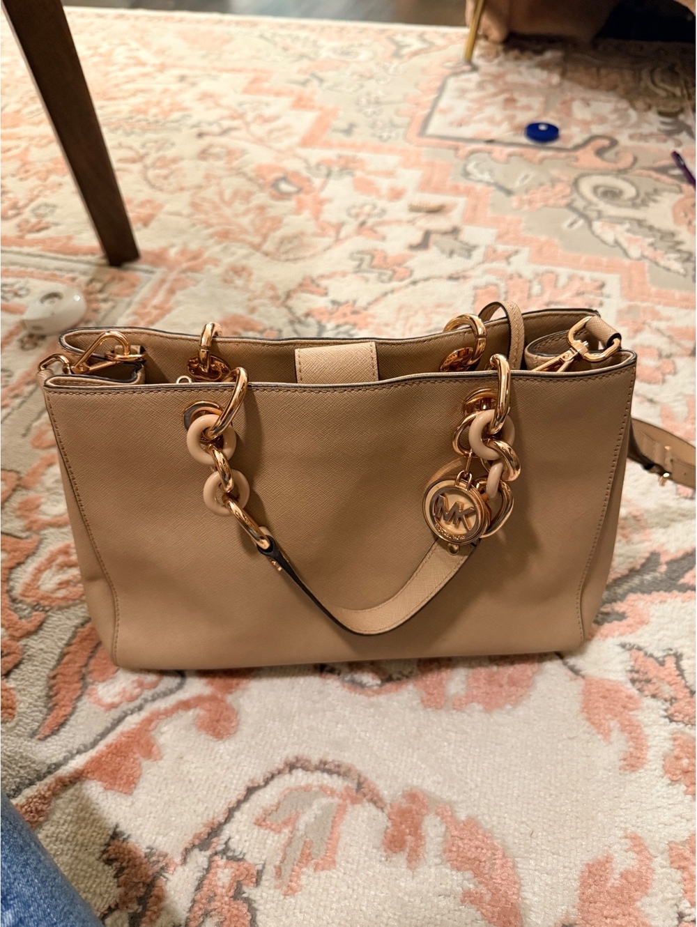 Michael Kors Cynthia Saffiano Leather Satchel Taupe Beige Gold Chain Crossbody